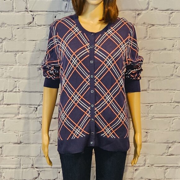 CHARTER CLUB, Navy blue/white/pink plaid cotton cardigan - Picture 6 of 13